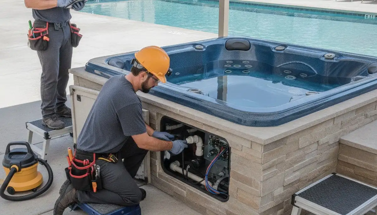 Spa repair technician servicing a Virginia Beach, VA home spa for humidity and salt-air wear